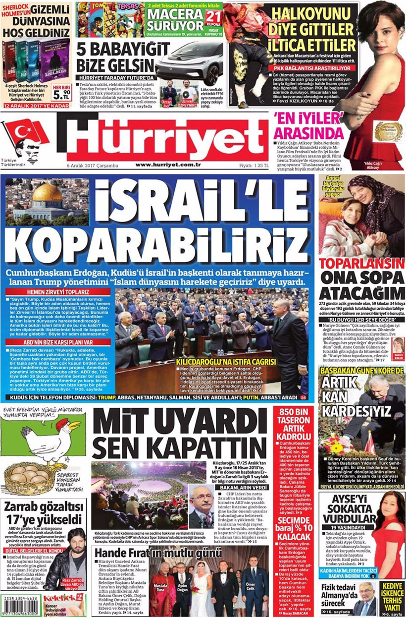 Gazete manşetleri Sözcü - Hürriyet - Habertürk 6 Aralık 2017 - Resim: 1