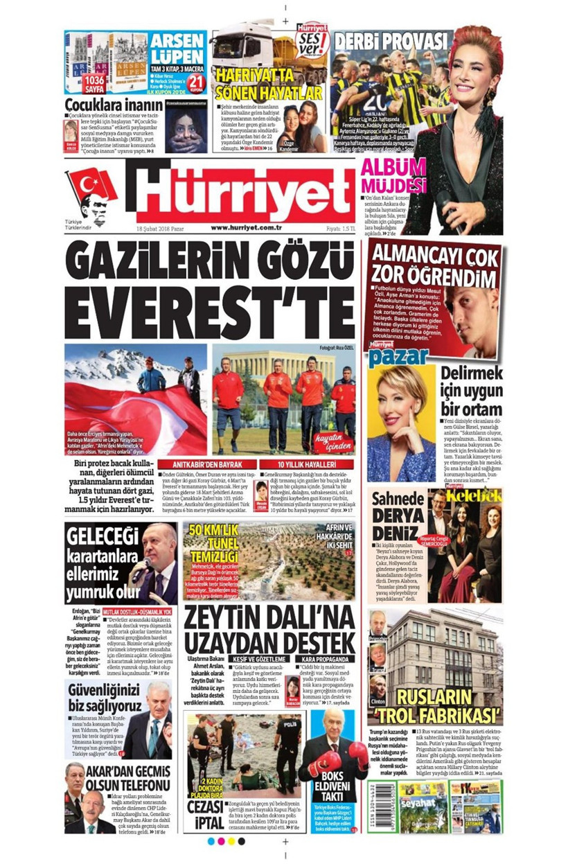 Gazete manşetleri 18 Şubat 2018 Hürriyet - Sözcü - Posta - Resim: 2