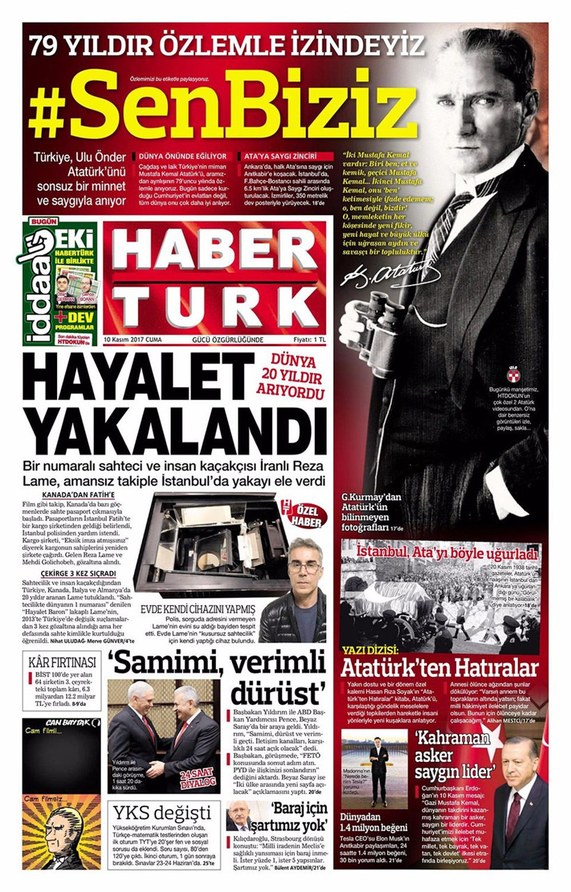 Gazete manşetleri Sözcü - Habertürk - Hürriyet 10 Kasım 2017 - Resim: 2