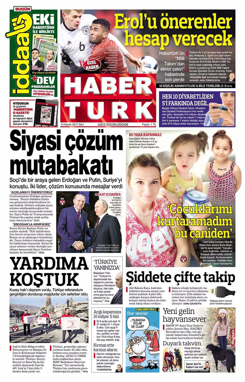 Gazete manşetleri Hürriyet - Sözcü - Habertürk 14 Kasım 2017 - Resim: 3