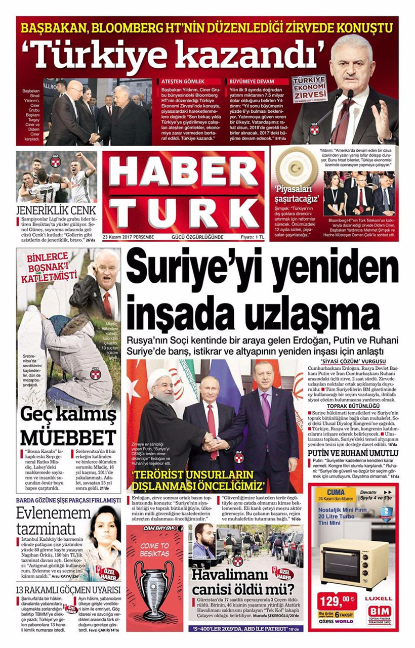 Gazete manşetleri Hürriyet - Habertürk - Sözcü 23 Kasım 2017  - Resim: 4