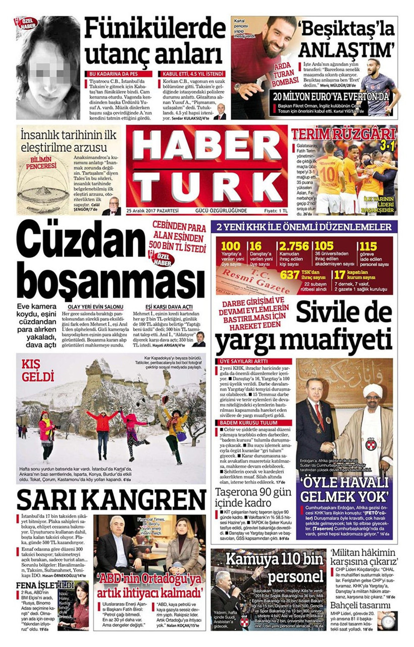 Gazete manşetleri Hürriyet - Sözcü - Sabah 25 Aralık 2017 - Resim: 4