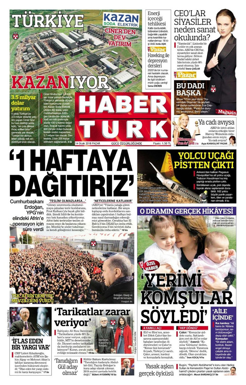 Gazete manşetleri Hürriyet - Sözcü - Fanatik 14 Ocak 2018 - Resim: 1