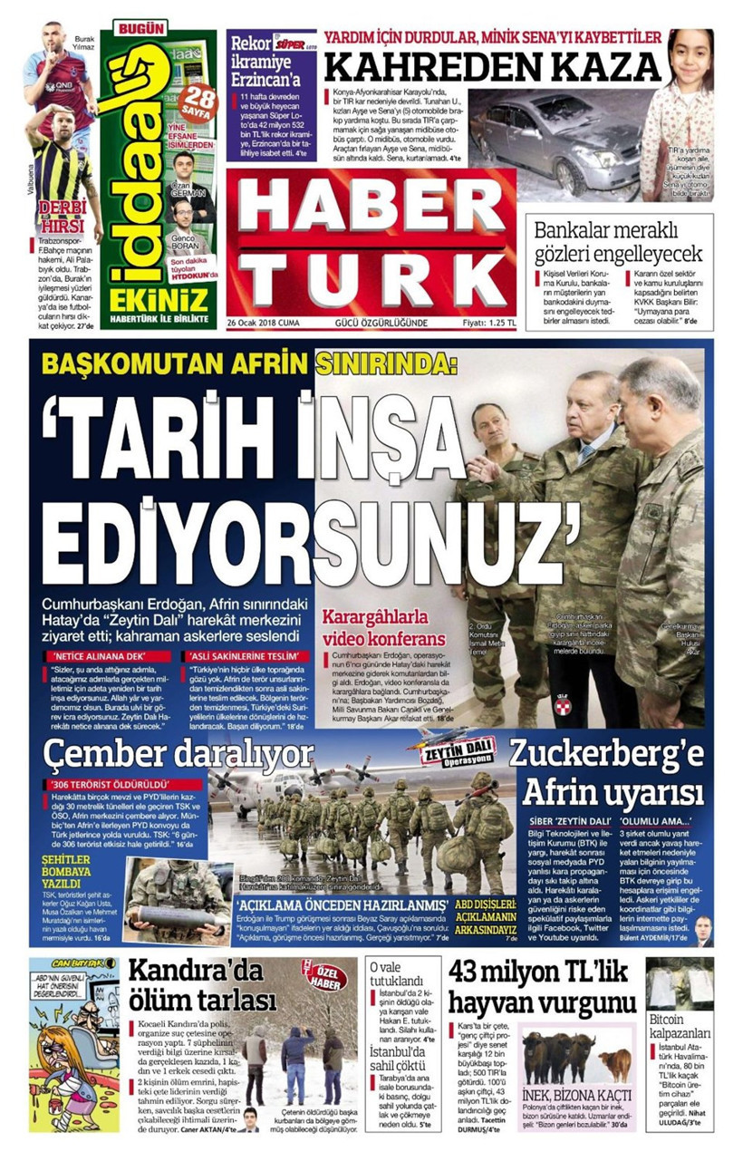 Gazete manşetleri Sözcü - Hürriyet - Habertürk 26 Ocak 2018 - Resim: 3