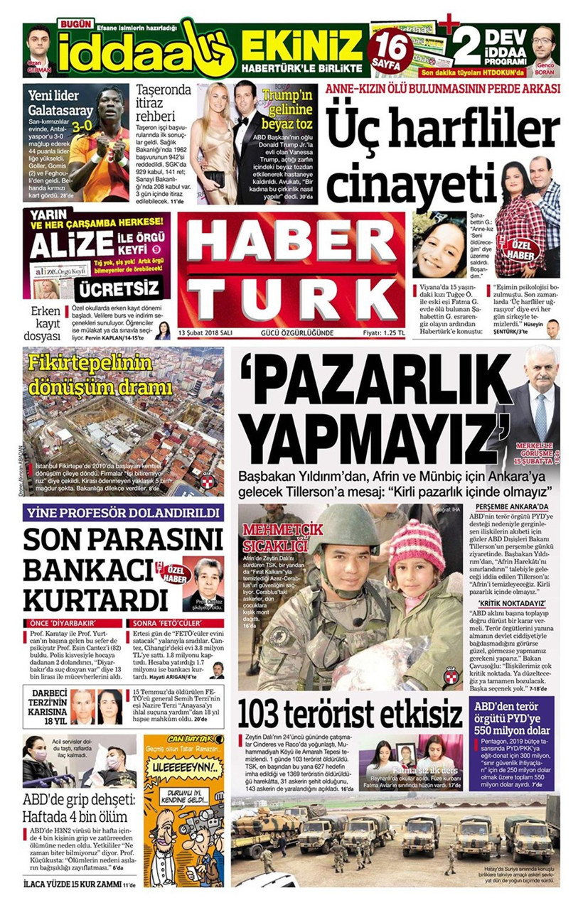 Gazete manşetleri 13 Şubat 2018 Hürriyet - Sözcü - Posta - Resim: 3