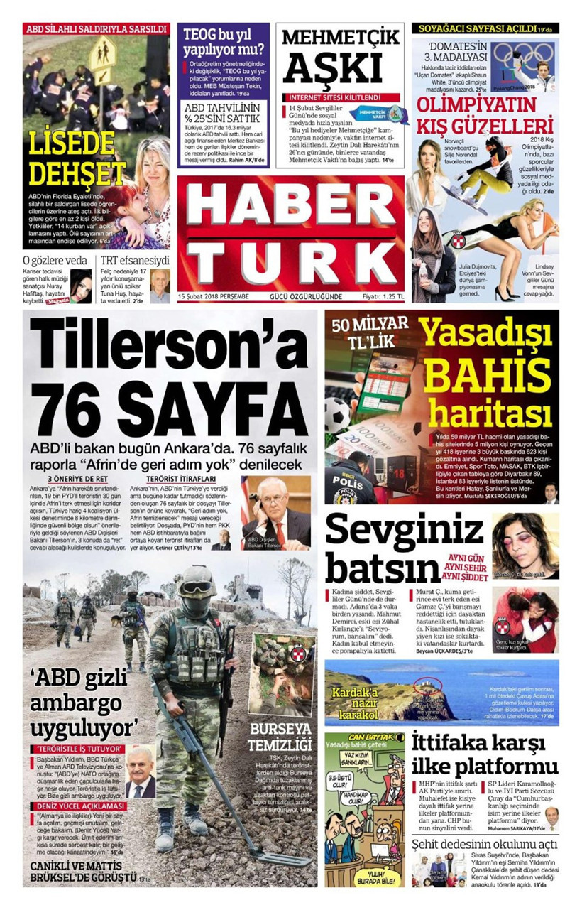 Gazete manşetleri 15 Şubat 2018 Hürriyet - Sözcü - Posta - Resim: 3