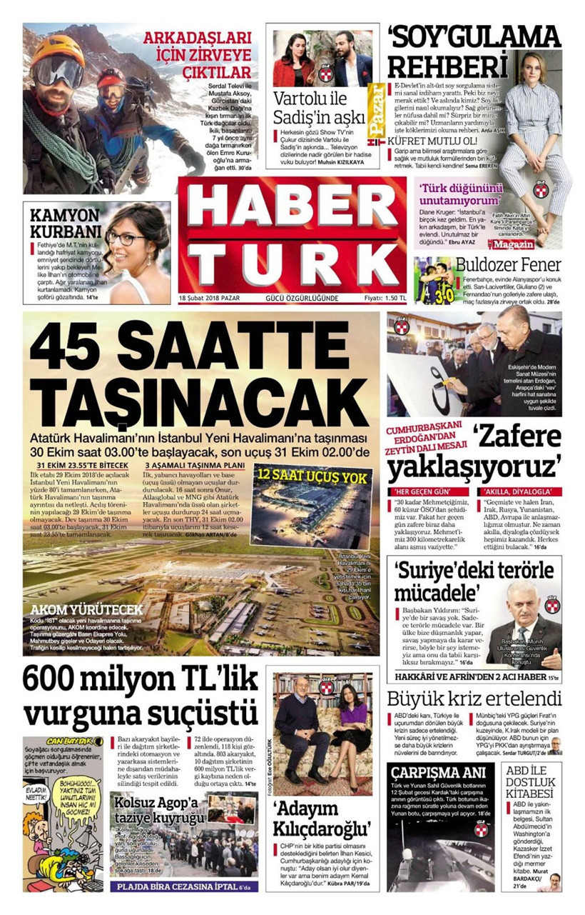 Gazete manşetleri 18 Şubat 2018 Hürriyet - Sözcü - Posta - Resim: 1
