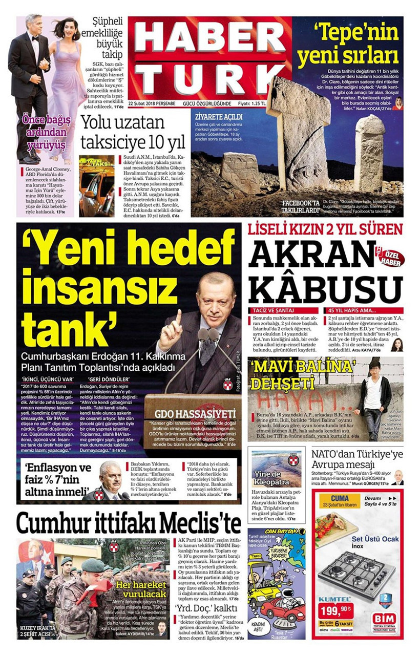 Gazete manşetleri 22 Şubat 2018 Hürriyet - Sözcü - Milliyet - Resim: 1
