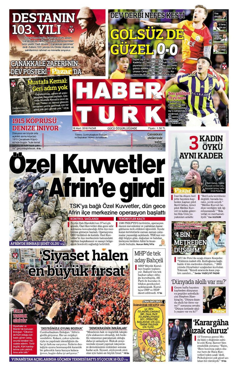 Gazete manşetleri 18 Mart 2018 Hürriyet - Sözcü - Fanatik - Resim: 1