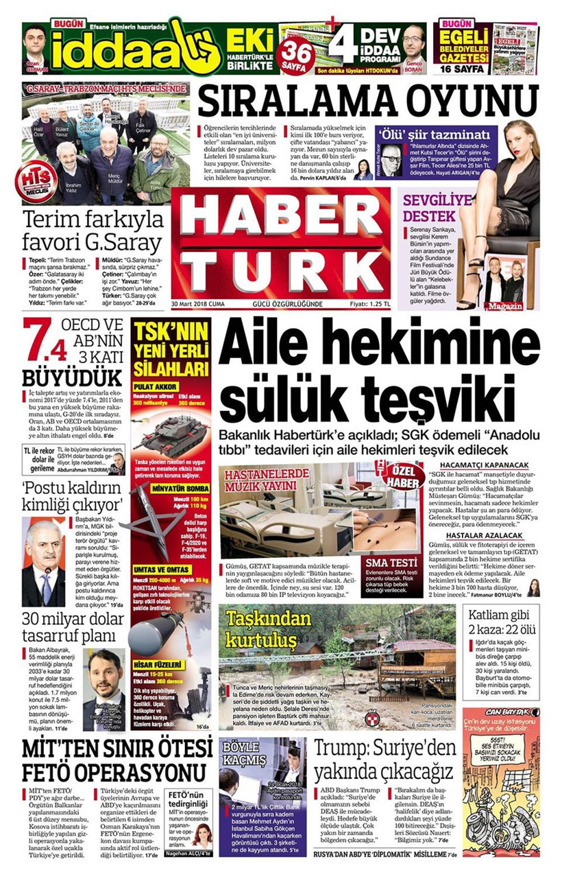 Gazete manşetleri 30 Mart 2018 Hürriyet - Sözcü - Fanatik - Resim: 1