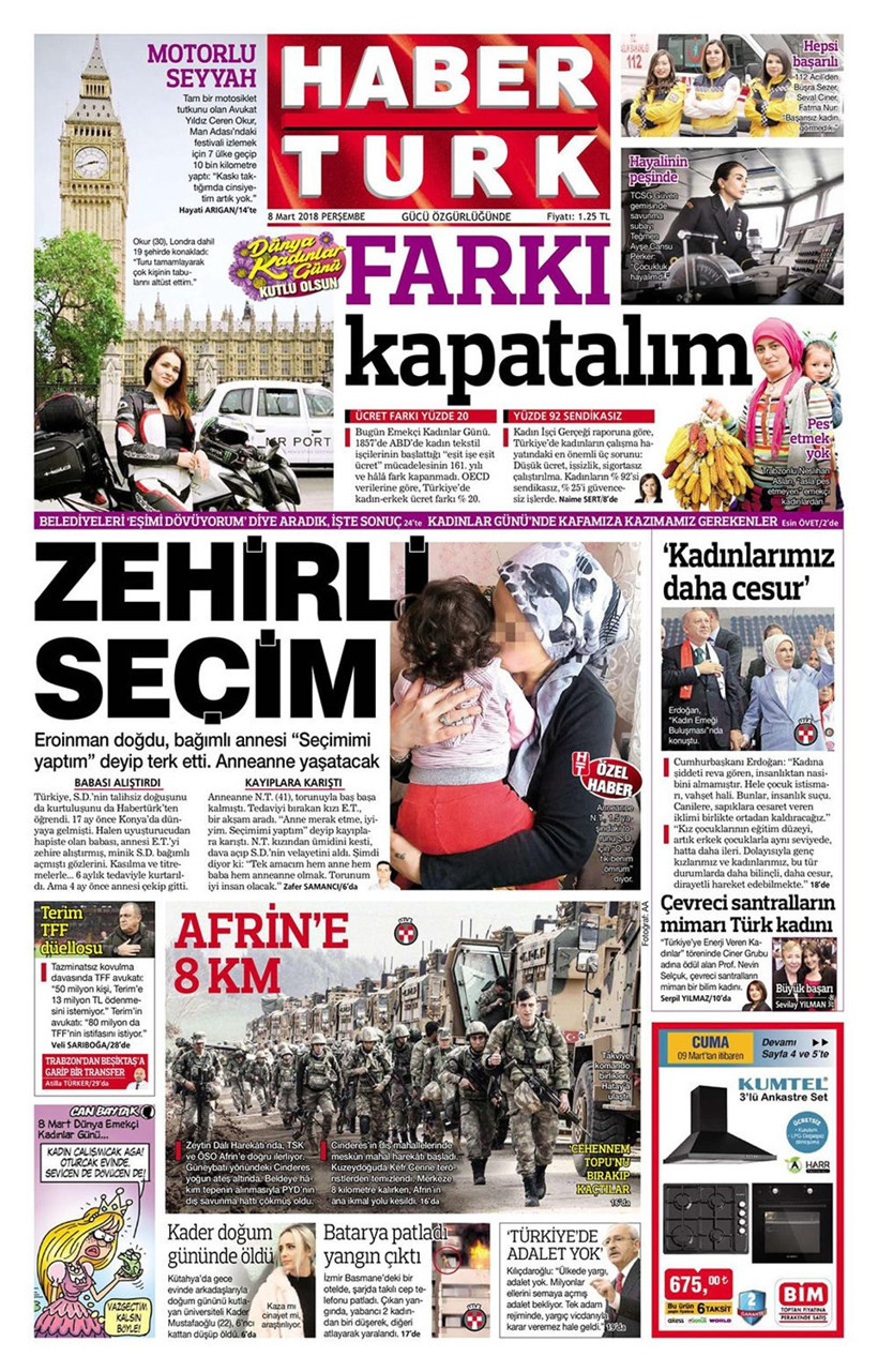 Gazete manşetleri 8 Mart 2018 Hürriyet - Sözcü - Fotomaç - Resim: 1