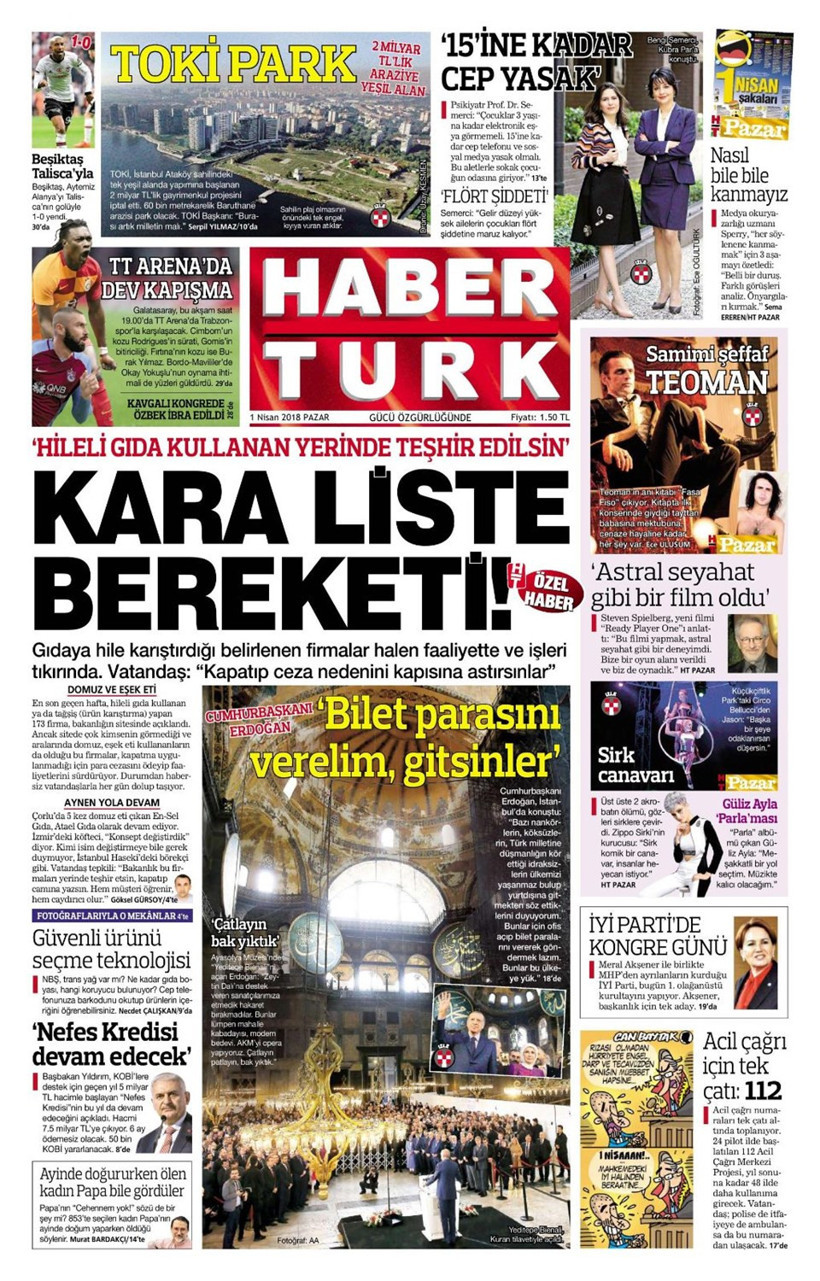 Gazete manşetleri  1 Nisan 2018 Hürriyet - Sözcü - Fanatik - Resim: 1