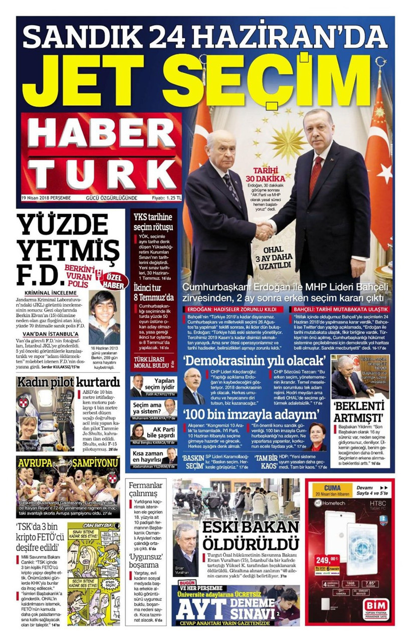 Gazete manşetleri 19 Nisan 2018 Hürriyet - Sözcü - Habertürk - Resim: 3