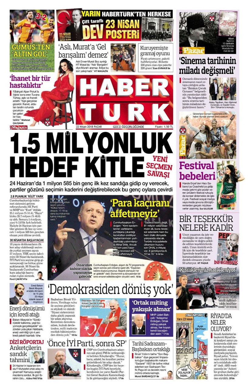 Gazete manşetleri 22 Nisan 2018 Hürriyet - Sözcü - Fanatik - Resim: 3