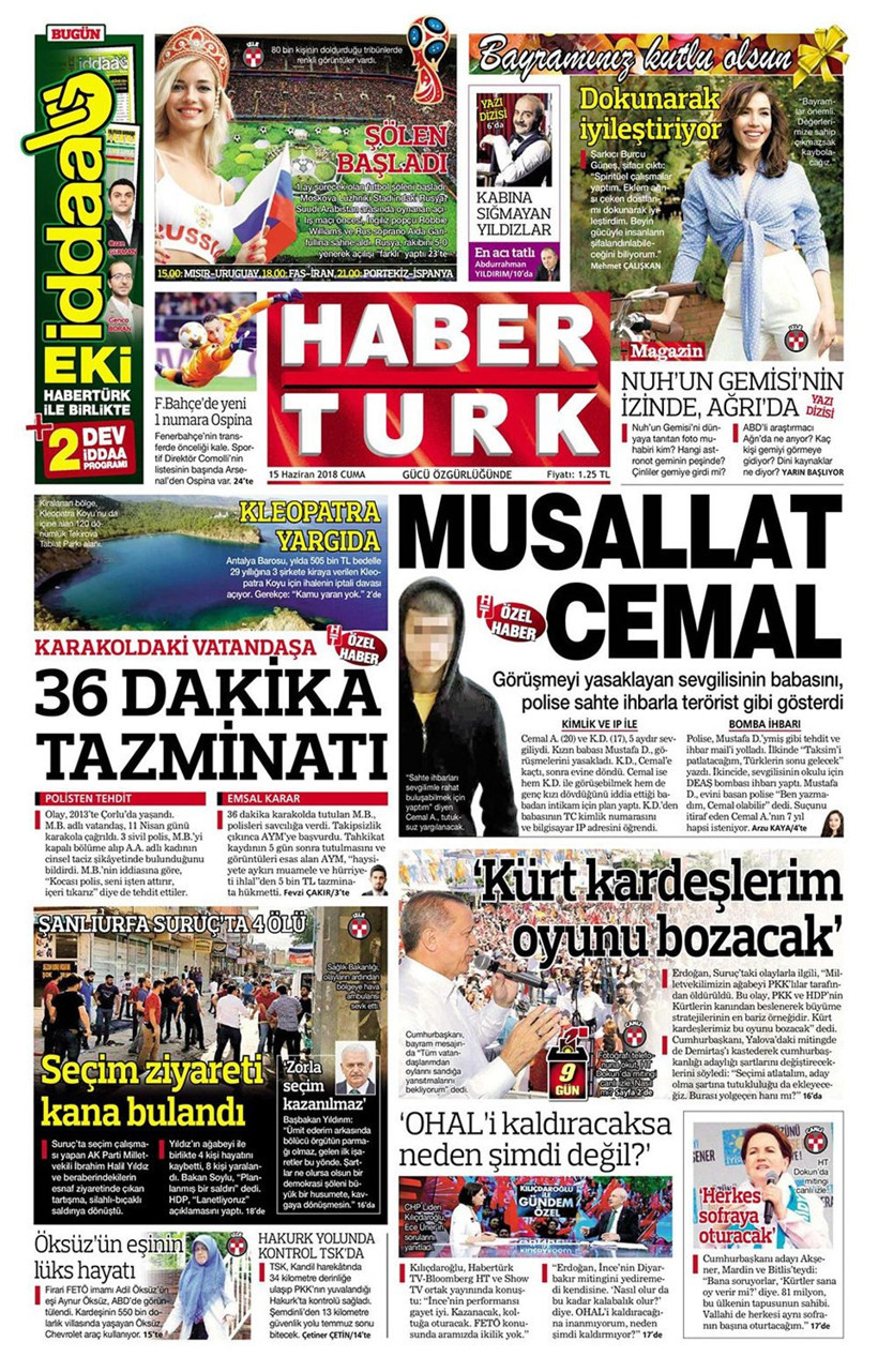 Gazete manşetleri 15 Haziran 2018 Hürriyet - Sözcü - Habertürk - Resim: 1