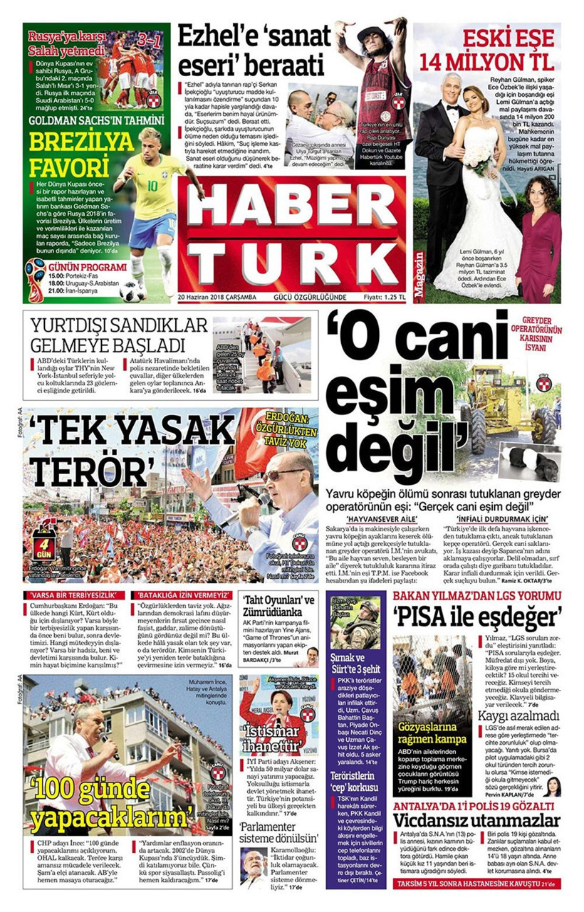 Gazete manşetleri 20 Haziran 2018 Hürriyet - Sözcü - Sabah - Resim: 1