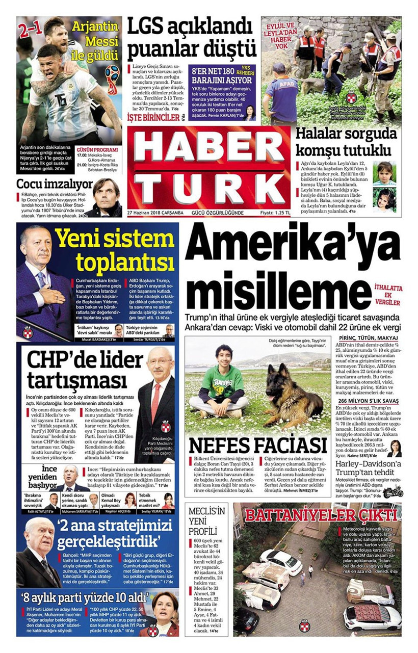 Gazete manşetleri 27 Haziran 2018 Hürriyet - Sözcü - Habertürk - Resim: 1
