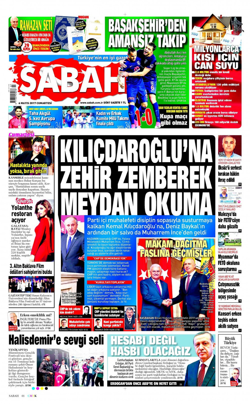 Gazete manşetleri Sabah - Sözcü - Hürriyet 6 Mayıs 2017 - Resim: 3