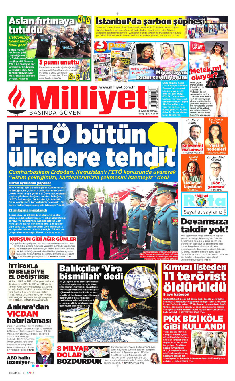 Gazete manşetleri 2 Eylül 2018 Sabah - Hürriyet - Milliyet - Sözcü - Resim: 4