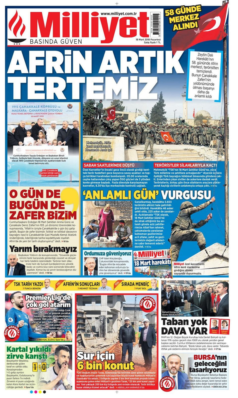 Gazete manşetleri 19 Mart 2018 Hürriyet - Sözcü - Fanatik - Resim: 1