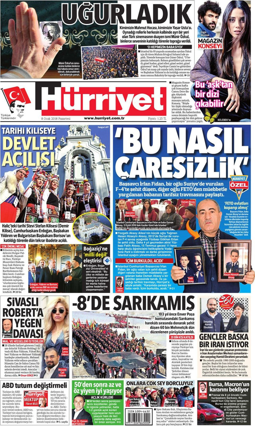 Gazete manşetleri Sözcü - Fanatik - Hürriyet 8 Ocak 2018 - Resim: 1