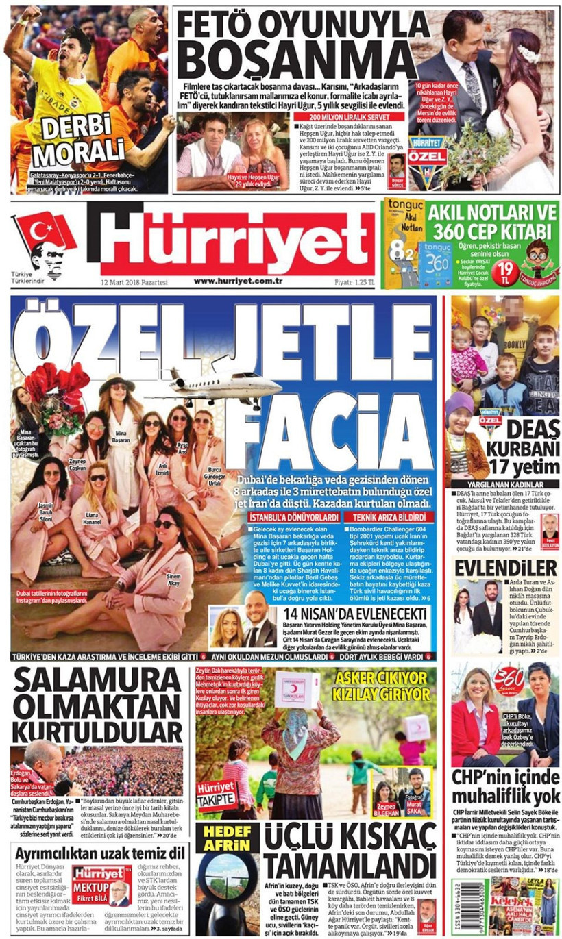 Gazete manşetleri 12 Mart 2018 Hürriyet - Sözcü - Fanatik - Resim: 2