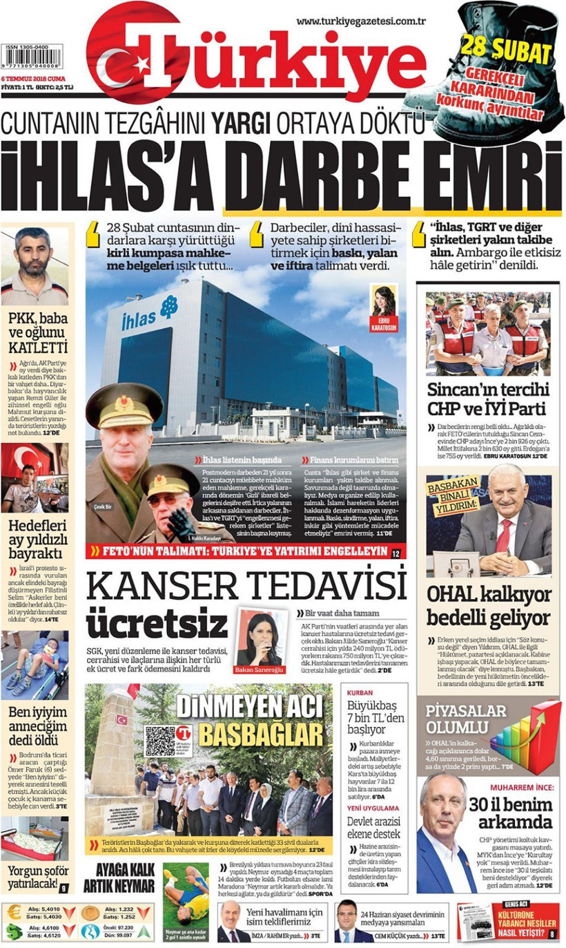 Gazete manşetleri 6 Temmuz 2018 Hürriyet - Sözcü - Posta - Resim: 4
