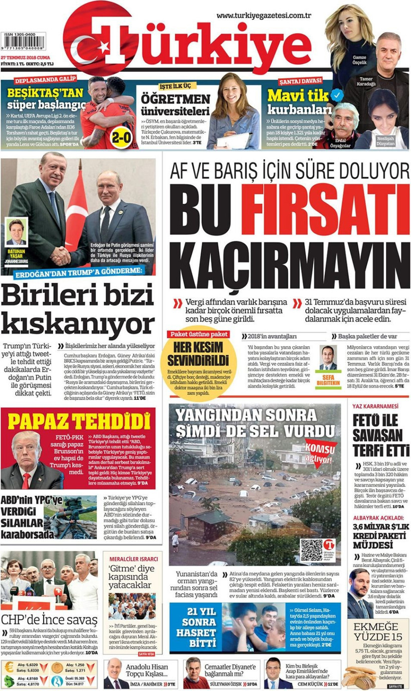 Gazete manşetleri 27 Temmuz 2018 Hürriyet - Posta - Sabah - Resim: 4