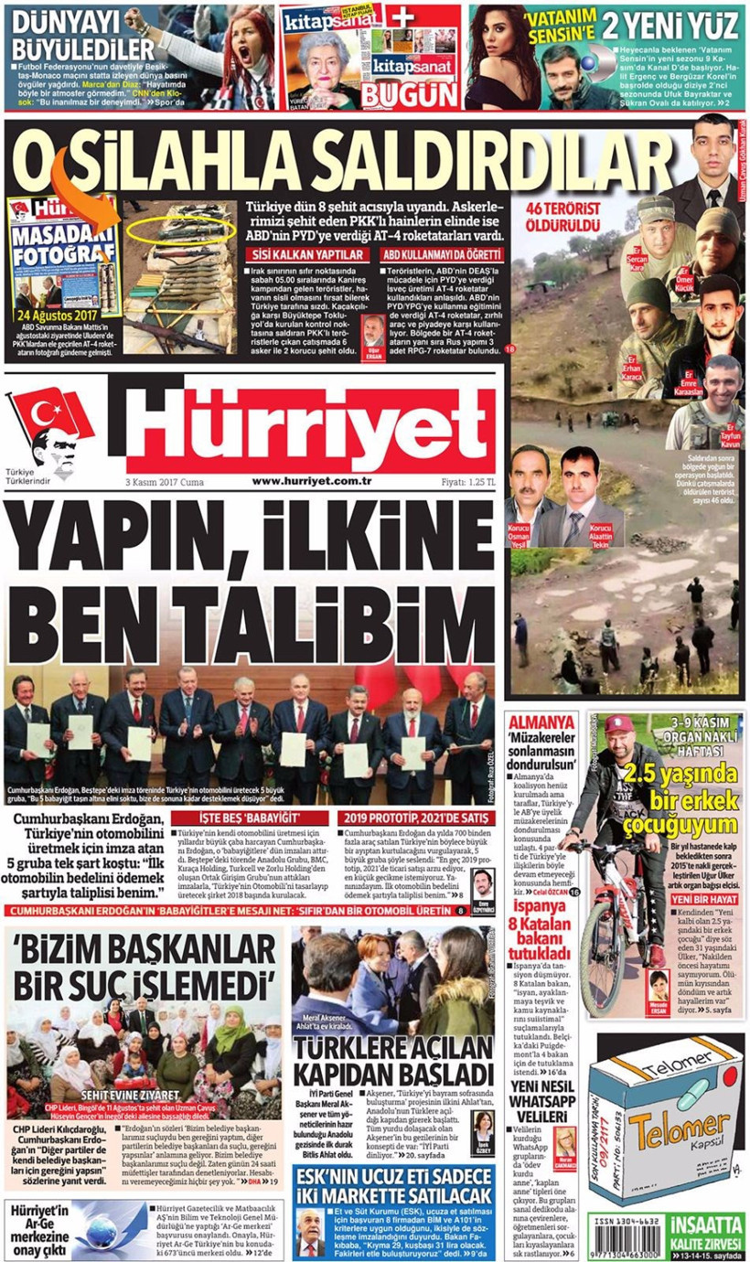 Gazete manşetleri Sözcü - Hürriyet - Habertürk 3 Kasım 2017 - Resim: 1
