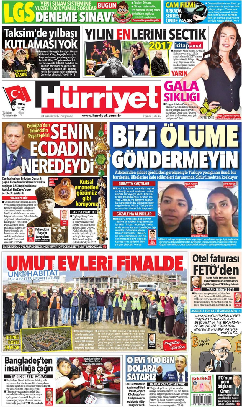 Gazete manşetleri Milliyet - Hürriyet - Sözcü 21 Aralık 2017 - Resim: 1