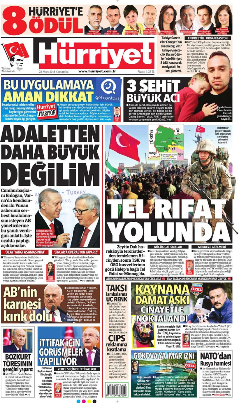 Gazete manşetleri 28 Mart 2018 Hürriyet - Sözcü - Habertürk - Resim: 1
