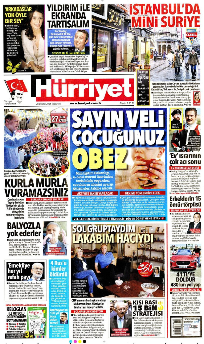 Gazete manşetleri 28 Mayıs 2018 Hürriyet - Sözcü - Habertürk - Resim: 1