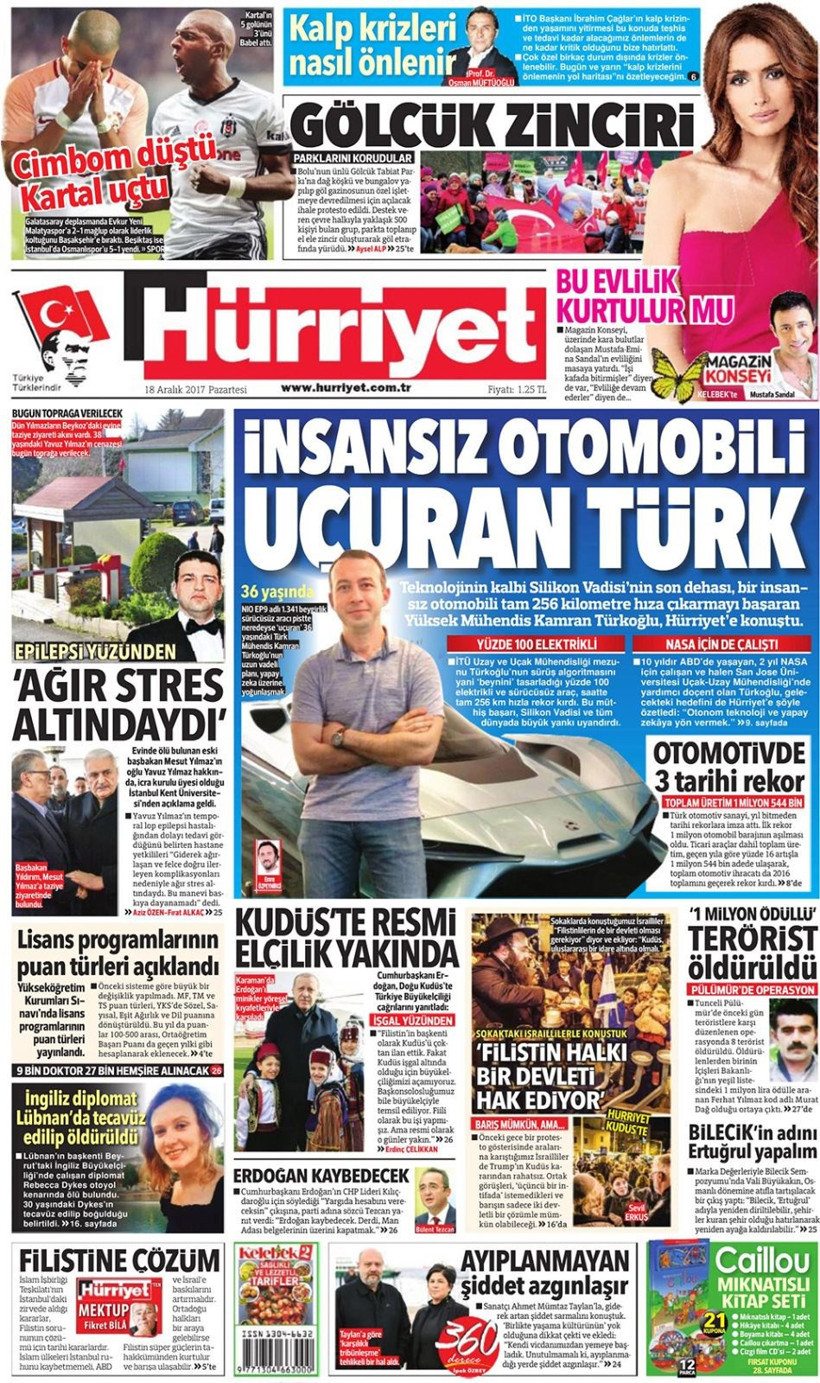 Gazete manşetleri Hürriyet - Fotomaç - Fanatik 18 Aralık 2017 - Resim: 1