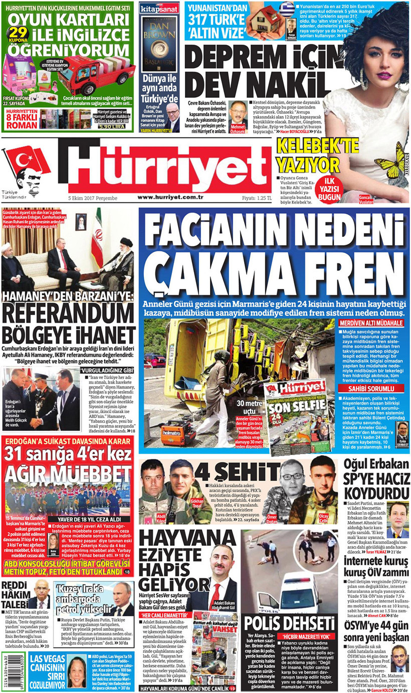 Gazete manşetleri Hürriyet - Sözcü - Cumhuriyet 5 Ekim 2017 - Resim: 1