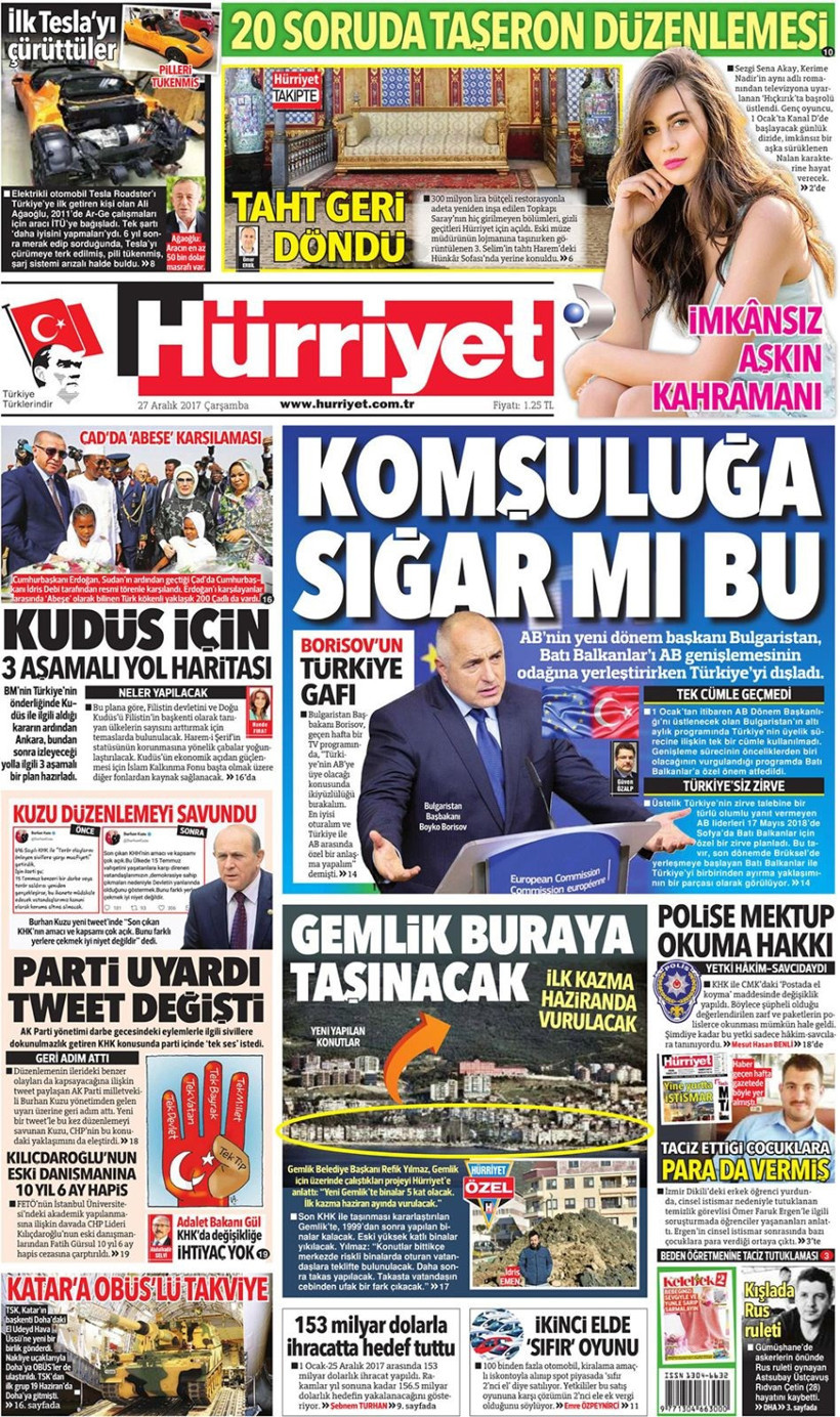 Gazete manşetleri Sözcü - Hürriyet - Sabah 27 Aralık 2017 - Resim: 1