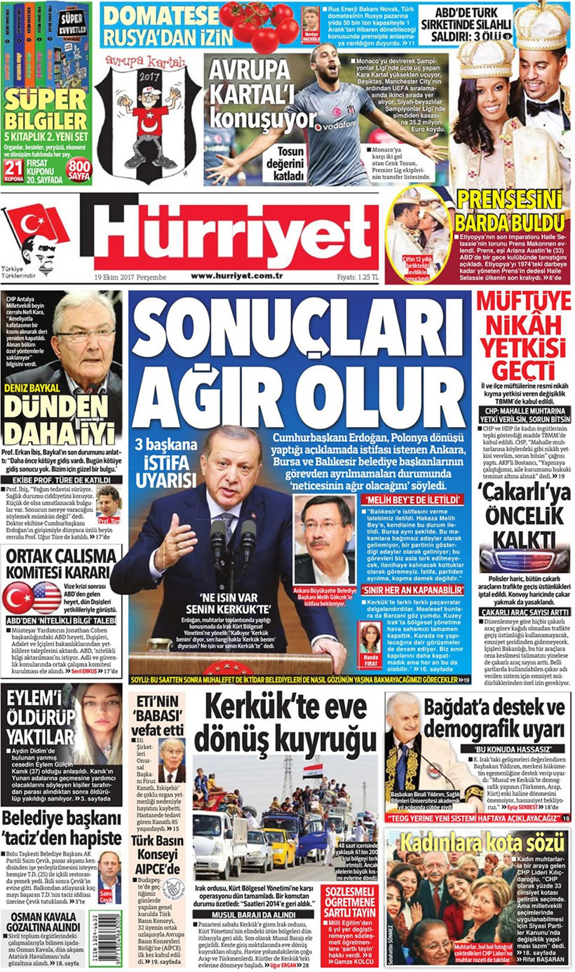 Gazete manşetleri Sözcü - Fanatik - Hürriyet 19 Ekim 2017 - Resim: 1