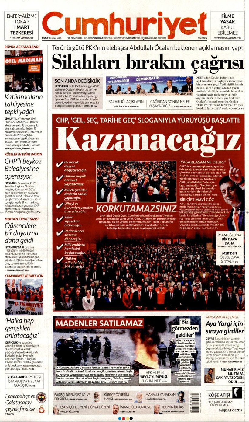 Abdullah Öcalan'ın PKK'ya silahı bırak çağrısını gazeteler nasıl gördü Sözcü'den olay manşet - Resim: 1