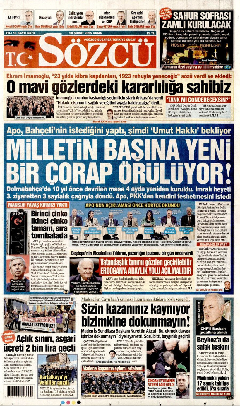 Abdullah Öcalan'ın PKK'ya silahı bırak çağrısını gazeteler nasıl gördü Sözcü'den olay manşet - Resim: 4