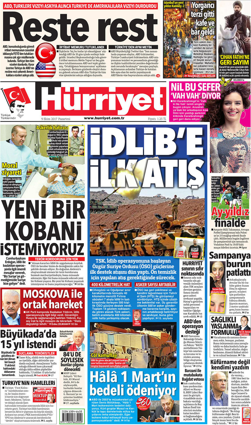 Gazete manşetleri Hürriyet - Sözcü - Habertürk 9 Ekim 2017  - Resim: 1