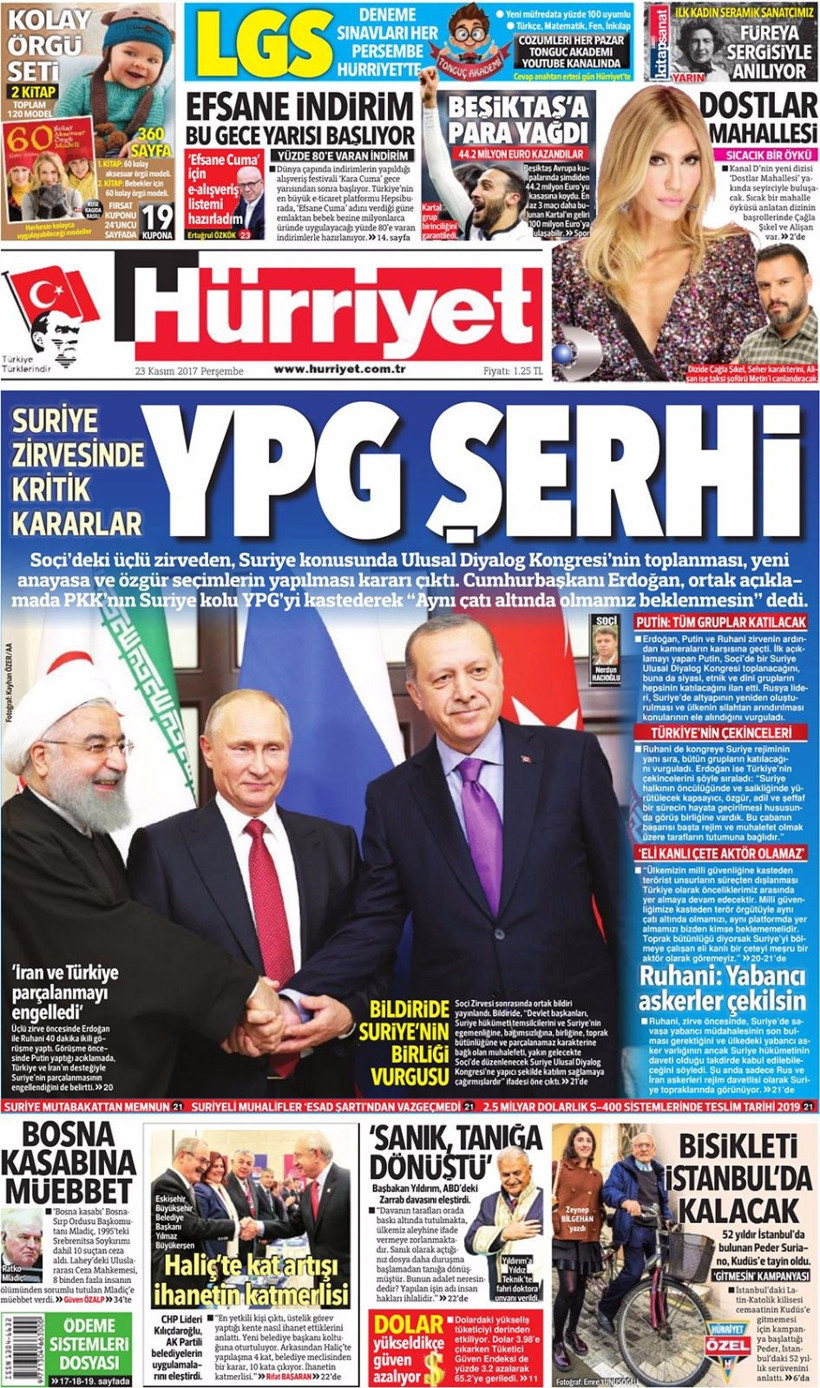 Gazete manşetleri Hürriyet - Habertürk - Sözcü 23 Kasım 2017  - Resim: 1