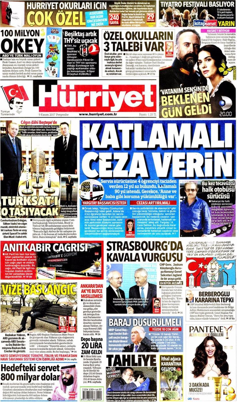 Gazete manşetleri Sözcü - Hürriyet - Milliyet 9 Kasım 2017 - Resim: 1