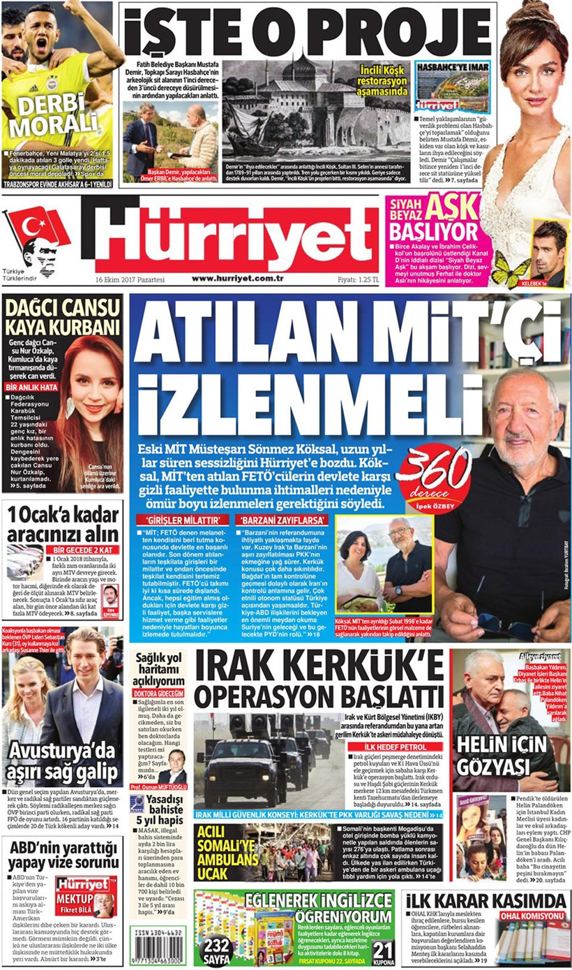 Gazete manşetleri Fanatik - Sözcü - Hürriyet 16 Ekim 2017 - Resim: 1