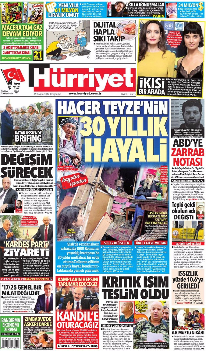 Gazete manşetleri Sözcü - Hürriyet - Habertürk 16 Kasım 2017 - Resim: 1