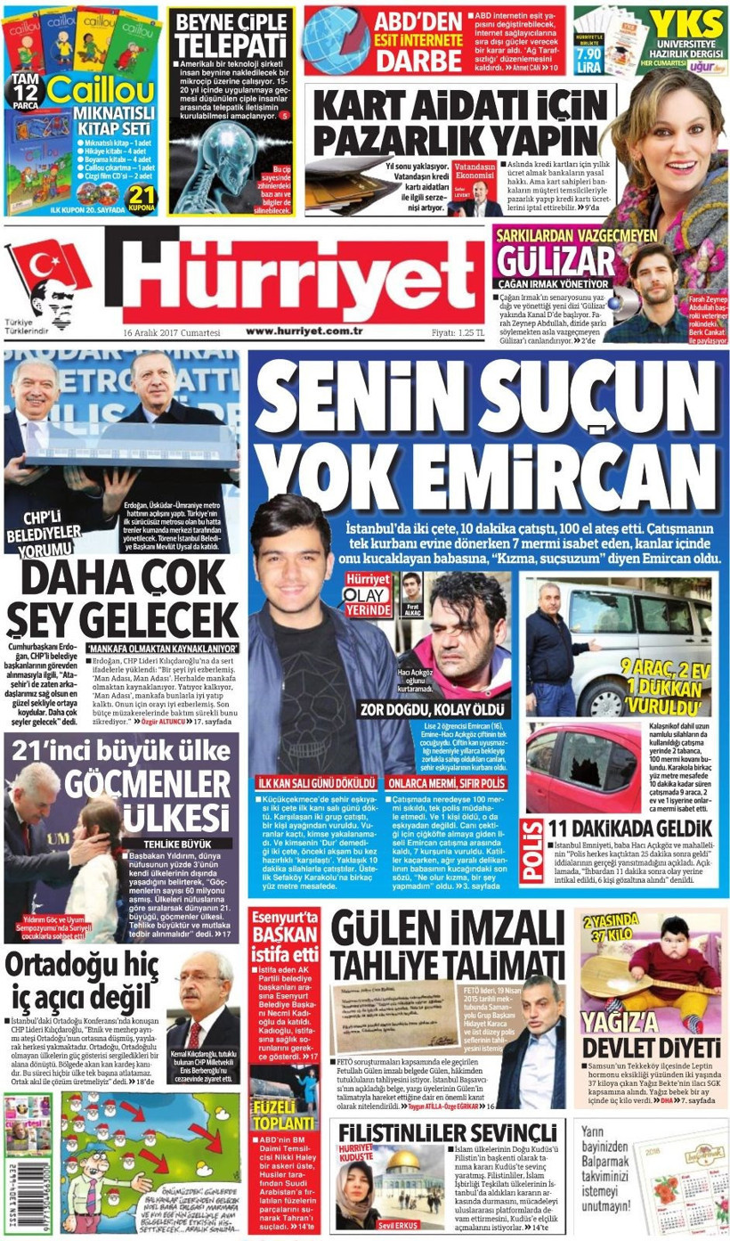 Gazete manşetleri Hürriyet - Sözcü - Sabah 16 Aralık 2017 - Resim: 1