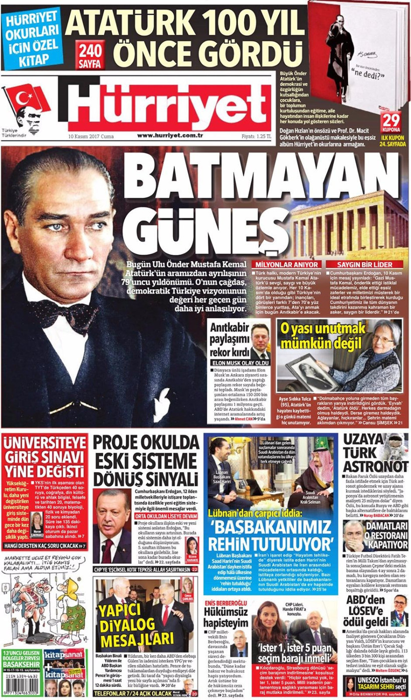 Gazete manşetleri Sözcü - Habertürk - Hürriyet 10 Kasım 2017 - Resim: 1