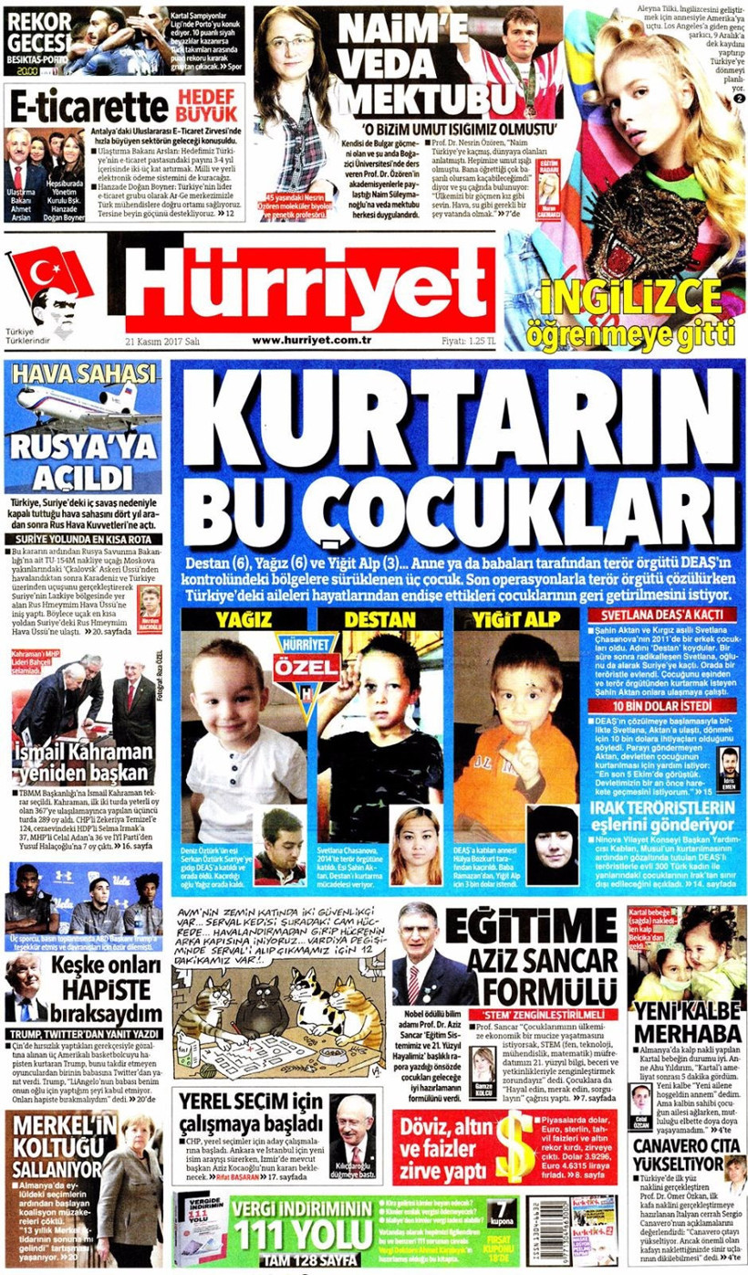 Gazete manşetleri Hürriyet - Sözcü - Fanatik 21 Kasım 2017 - Resim: 1
