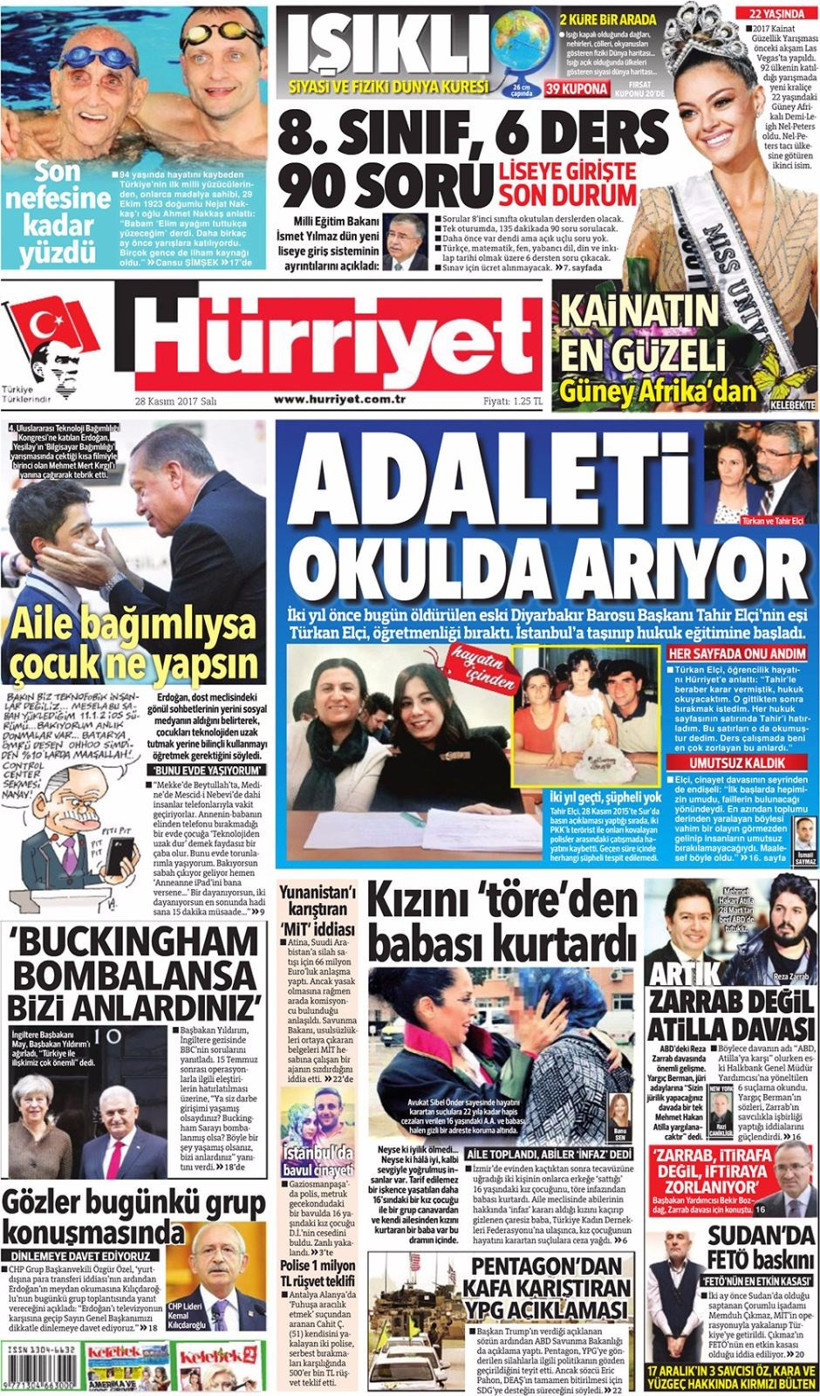 Gazete manşetleri Sözcü - Hürriyet - Milliyet 28 Kasım 2017 - Resim: 1
