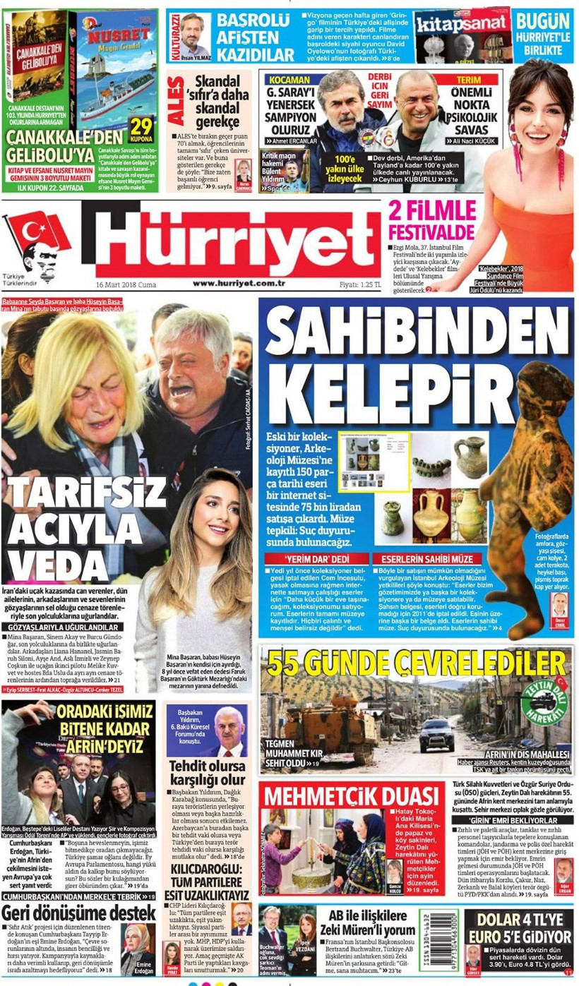 Gazete manşetleri 16 Mart 2018 Hürriyet - Sözcü - Fanatik - Resim: 3