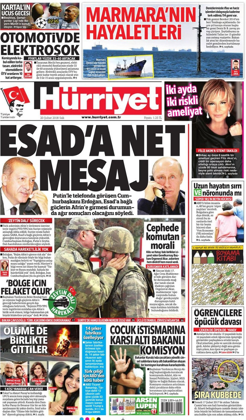 Gazete manşetleri 20 Şubat 2018 Hürriyet - Sözcü - Milliyet - Resim: 1
