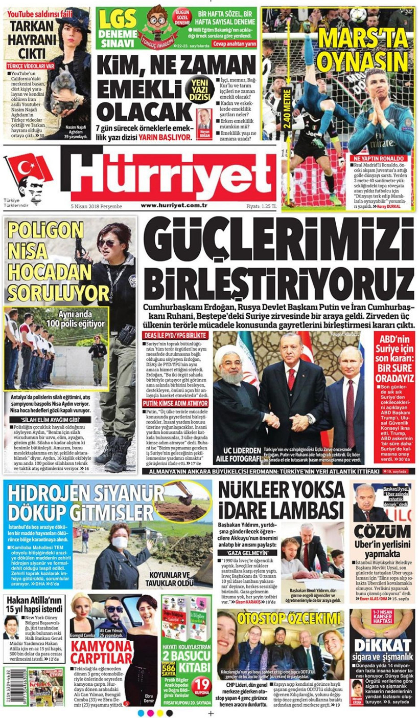 Gazete manşetleri 5 Nisan 2018 Hürriyet - Sözcü - Posta - Resim: 1